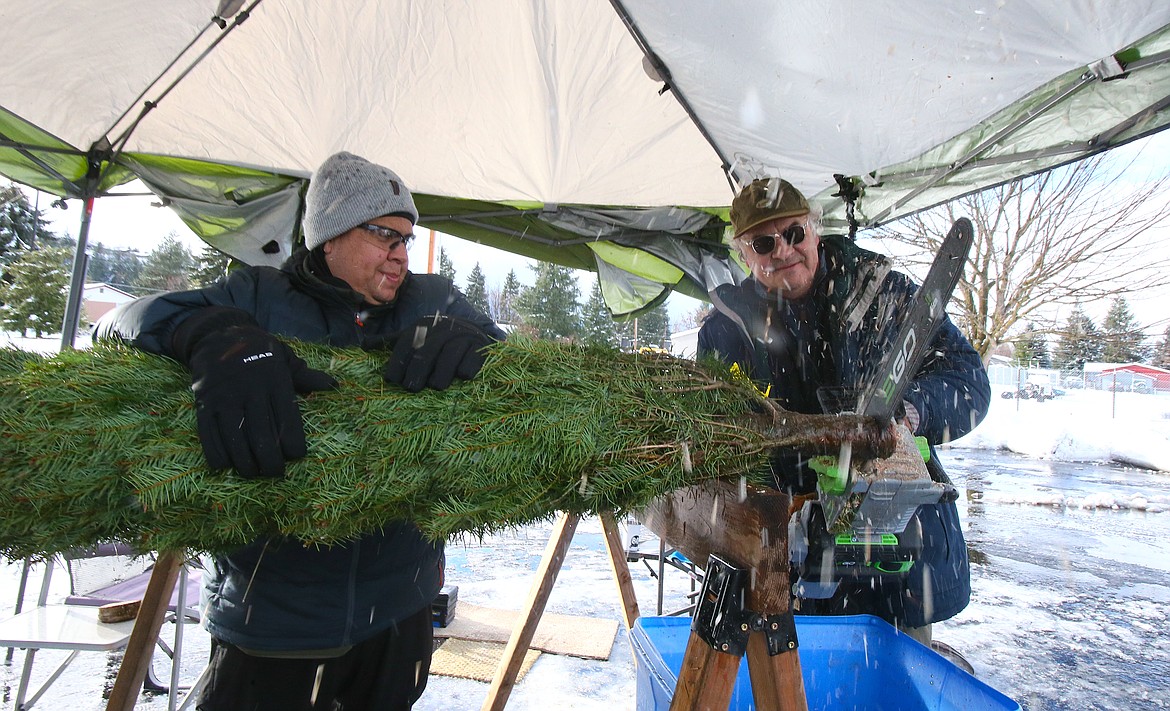 Mark Valdez holds a tree as Tom Craig cuts the stump Saturday morning at All of Life Church in Post Falls during a Christmas tree giveaway event.