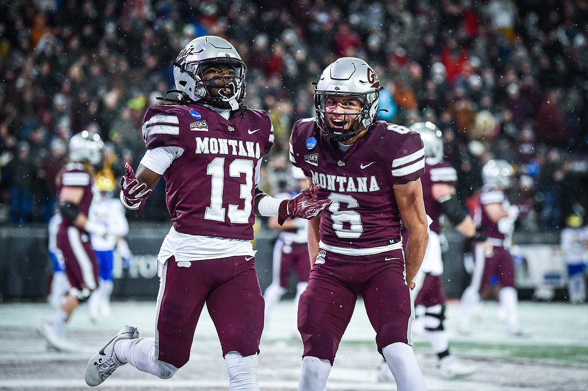 Grizzlies running back Xavier Harris (13) and wide receiver Keelan White (6) celebrate after Harris' touchdown run in the first quarter against Delaware on Saturday, Dec. 2. (Casey Kreider/Daily Inter Lake)