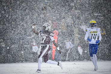 Grizzlies quarterback Clifton McDowell (17) scores a touchdown on a 20-yard run in the second quarter against Delaware at Washington-Grizzly Stadium on Saturday, Dec. 2. (Casey Kreider/Daily Inter Lake)