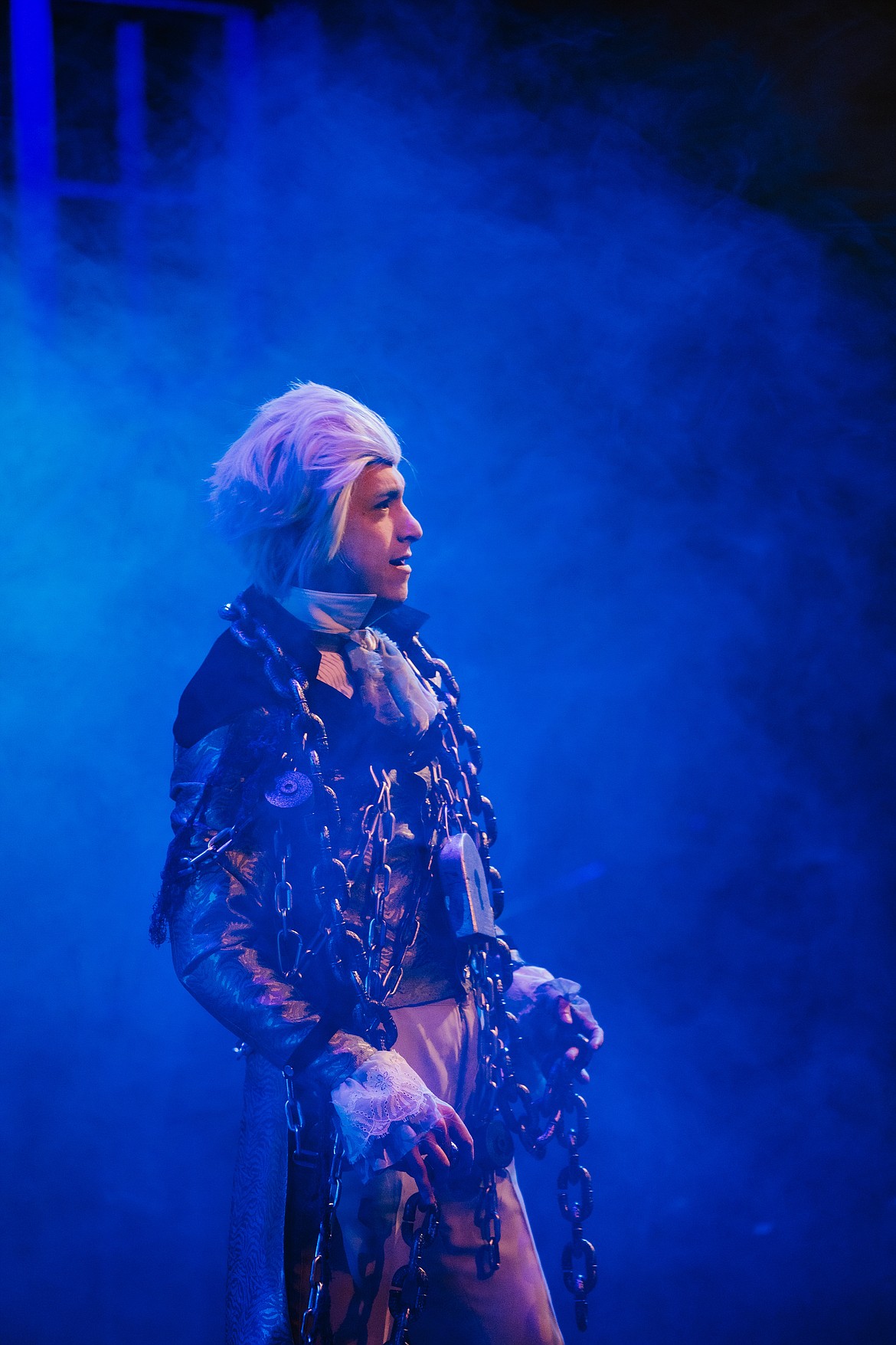 Mikey Winn, Whitefish Theatre Company's operations and marketing director, performs in a dress rehearsal for the company's 2023 production of "A Christmas Carol," where he plays the ghost of Jacob Marley. The holiday show is Winn's 24th local production. (Photo courtesy of Matt Wetzler/Thewmatt Photography)