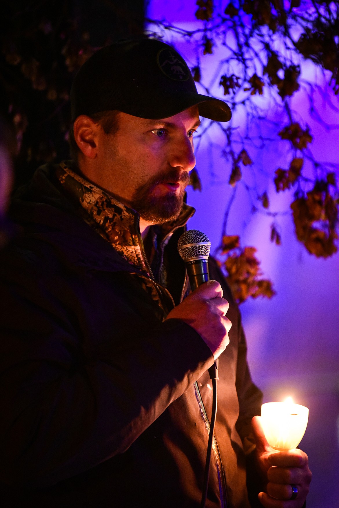 Flathead County Sheriff Brian Heino speaks during the Christmas Blue Light Tree Lighting ceremony outside the Flathead County Justice Center in Kalispell on Thursday, Dec. 7. The event is held to support the families of fallen officers and to honor the officers, highway patrol, firefighters, first responders and all those who serve and protect. (Casey Kreider/Daily Inter Lake)