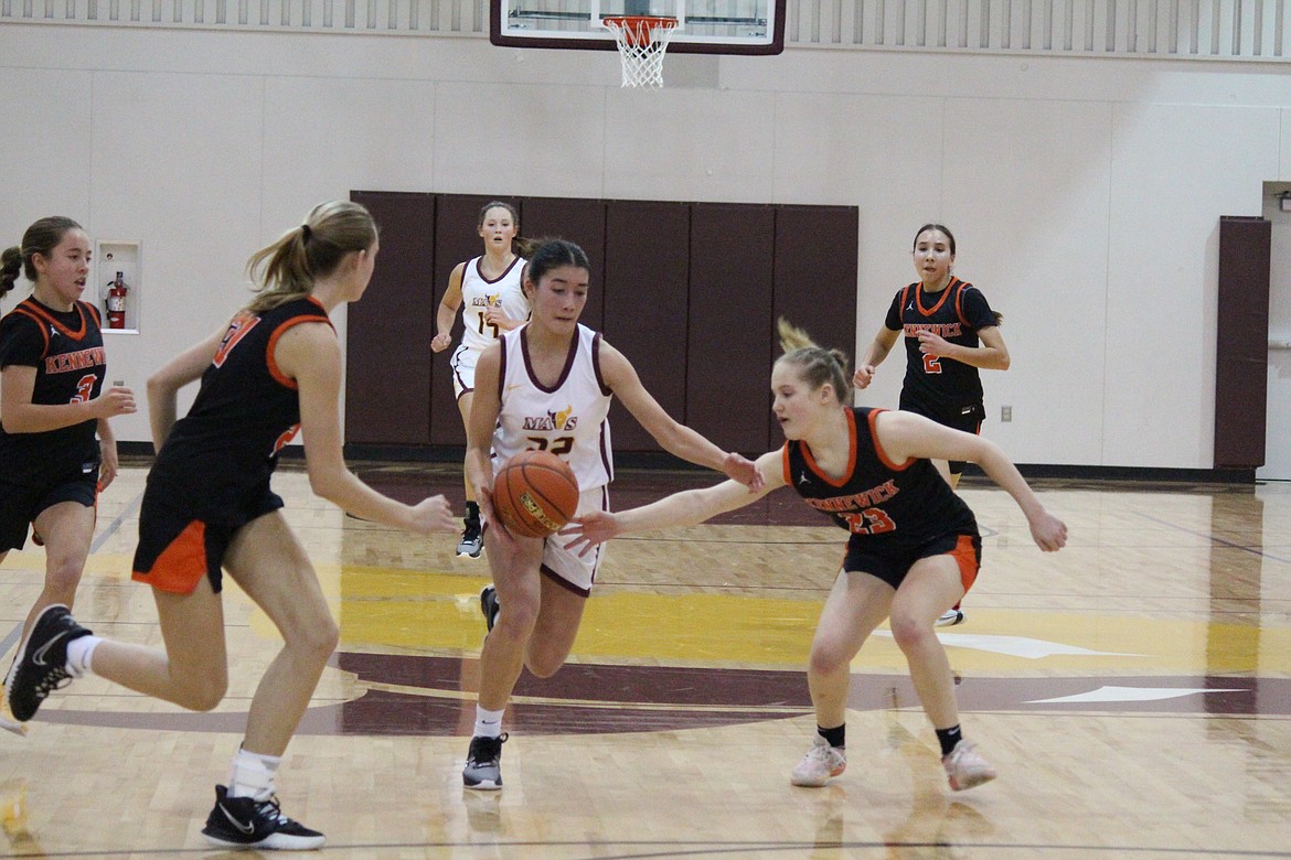 Moses Lake's Kaiya Char (22) pushes the ball down the court against Kennewick Nov. 30.