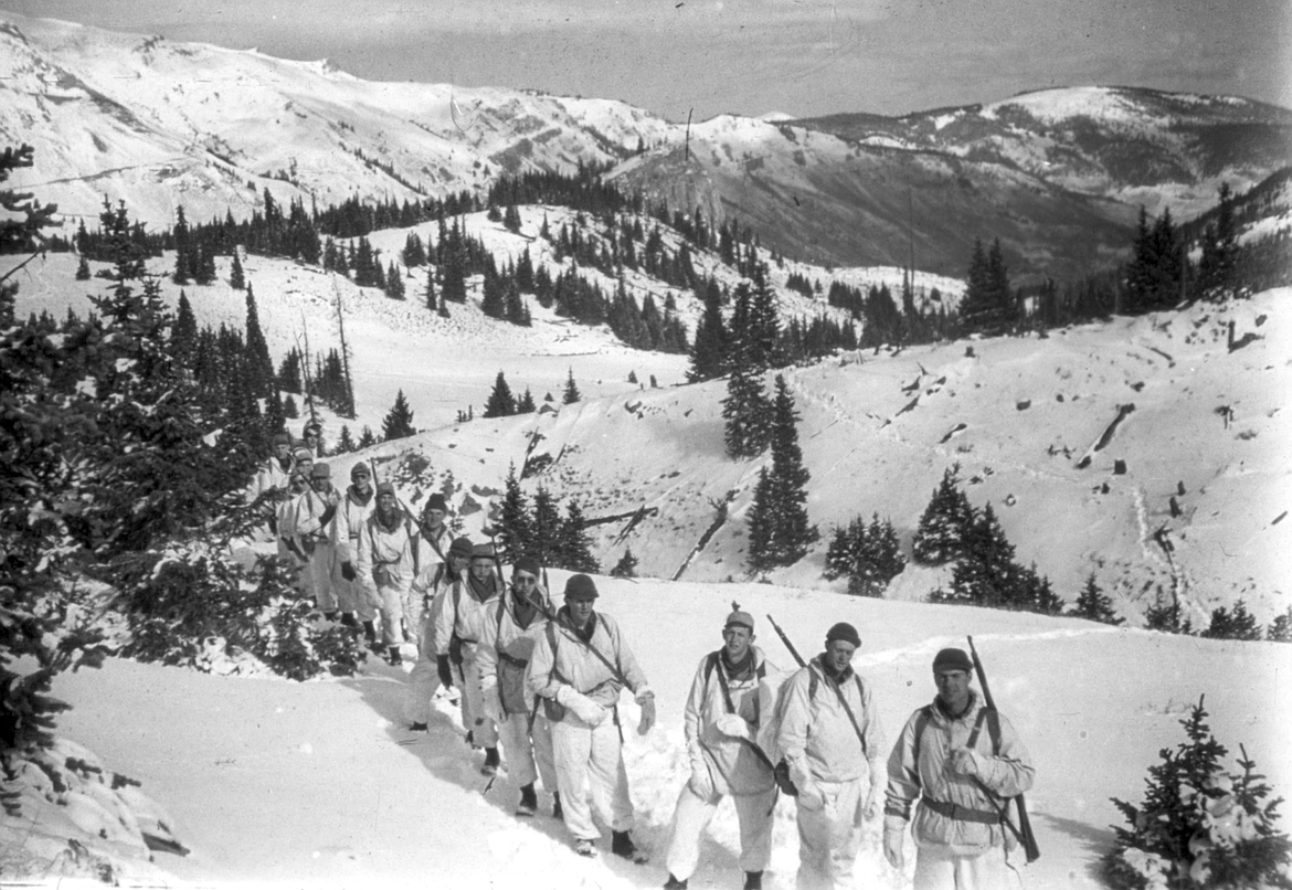 The 10th Mountain Division Ski Troops training at Camp Hale near Leadville, Colorado, circa 1943. (Photo credit Denver Public Library via Ski Heritage Center Museum of Skiing)