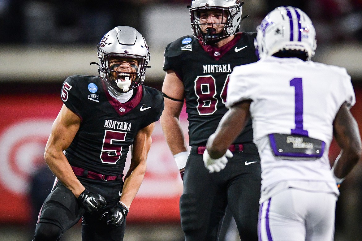 Grizzlies wide receiver Junior Bergen (5) celebrates after a 22-yard reception in the first quarter of an FCS Playoff game against Furman at Washington-Grizzly Stadium on Friday, Dec. 8. (Casey Kreider/Daily Inter Lake)