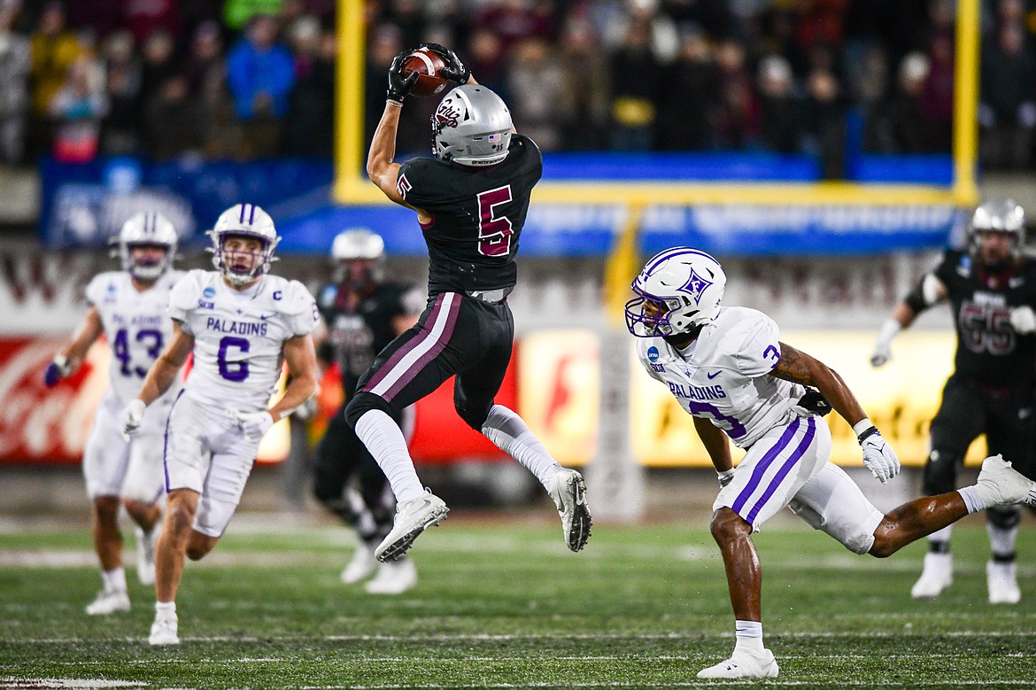 Grizzlies wide receiver Junior Bergen (5) holds on to a 22-yard reception in the first quarter of an FCS Playoff game against Furman at Washington-Grizzly Stadium on Friday, Dec. 8. (Casey Kreider/Daily Inter Lake)