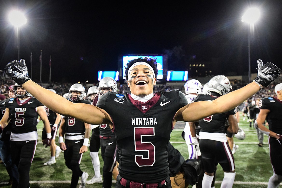 Grizzlies' Junior Bergen (5) celebrates after a 35-28 overtime win over Furman in an FCS Playoff game at Washington-Grizzly Stadium on Friday, Dec. 8. (Casey Kreider/Daily Inter Lake)