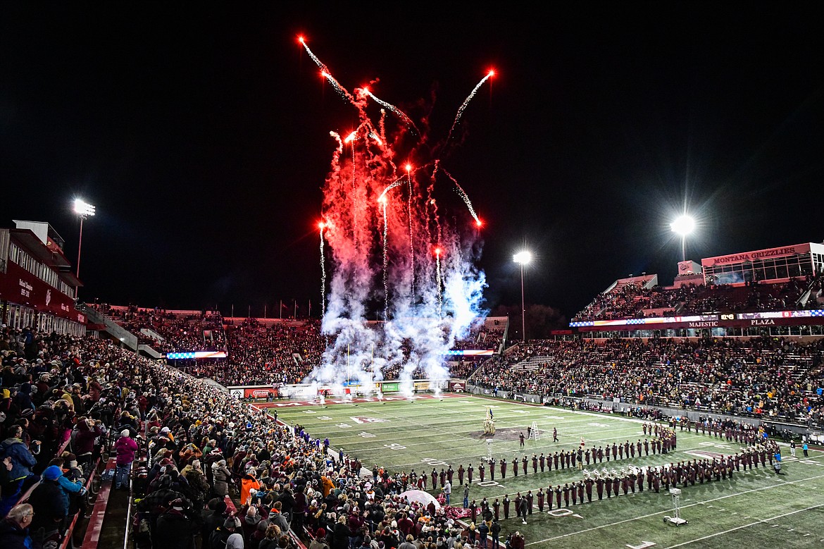Fireworks explode over Washington-Grizzly Stadium before the start of the Montana Grizzlies FCS playoff matchup with the Furman Paladins on Friday, Dec. 8. (Casey Kreider/Daily Inter Lake)