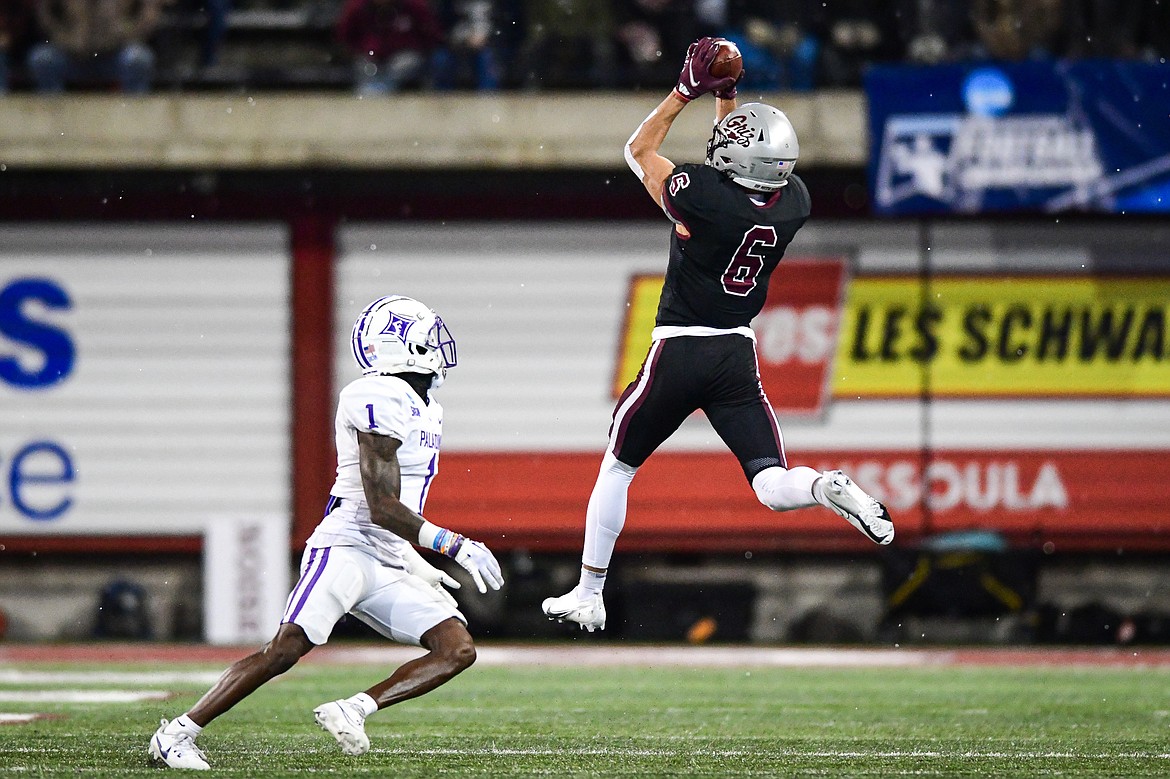 Grizzlies wide receiver Keelan White (6) catches a pass in the second quarter of an FCS Playoff game against Furman at Washington-Grizzly Stadium on Friday, Dec. 8. (Casey Kreider/Daily Inter Lake)