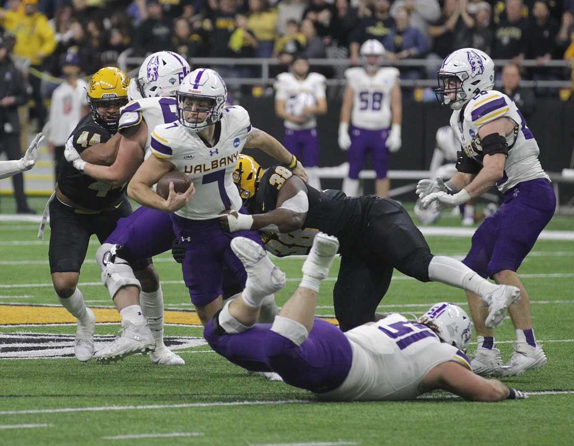 MARK NELKE/Press
Tylen Coleman of Idaho sacks UAlbany quarterback Reese Poffenbarger in the second quarter of an FCS quarterfinal game Saturday night at the Kibbie Dome in Moscow.