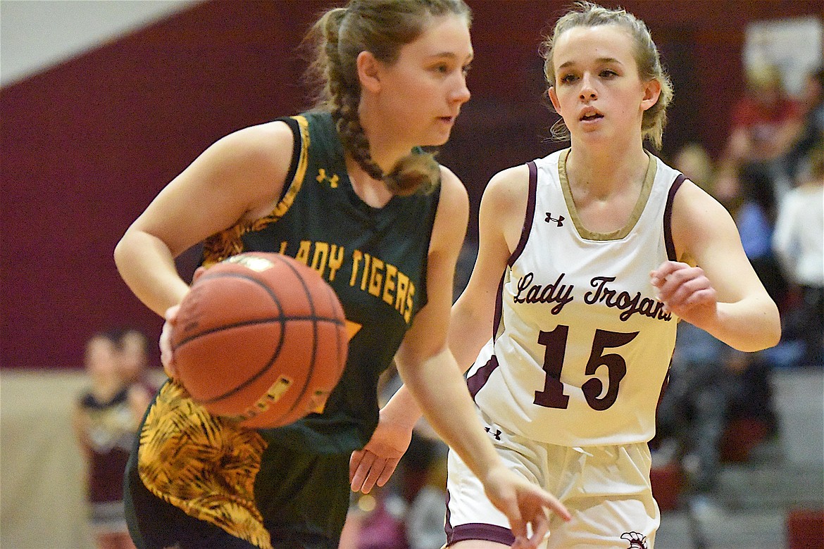 Troy's Kirsti Jellesed plays defense on Saturday, Dec. 9, against St. Regis. (Scott Shindledecker/The Western News)