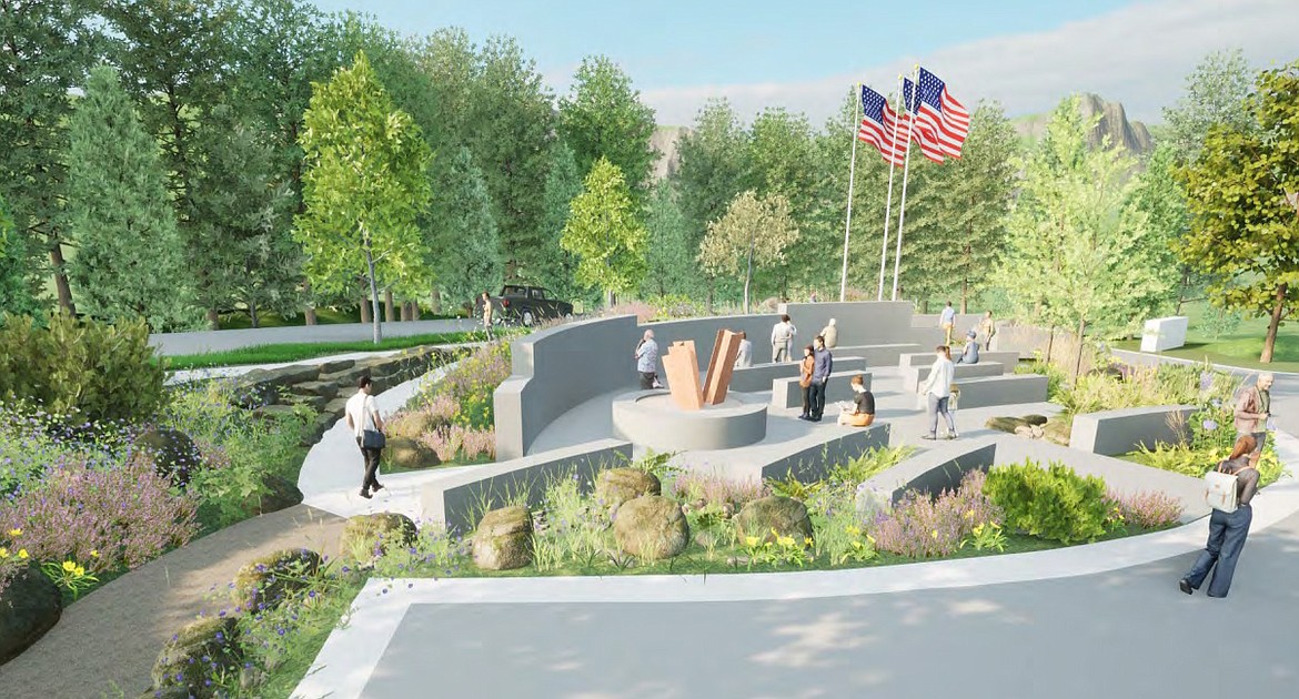 An architectural rendering of the 9/11 memorial showing the steel from the twin towers, flagpoles and landscaping. (Rendering by White Cloud Design)