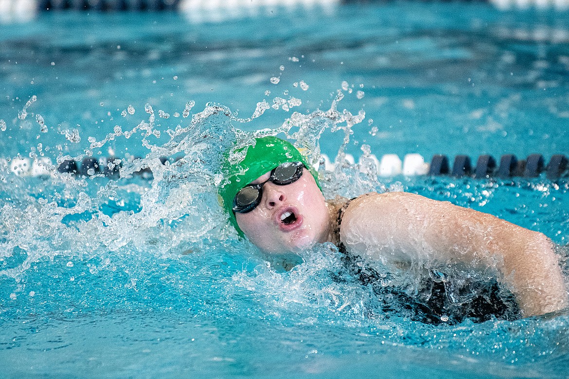 Bulldog Georgia Morrell swims in the opening meet of the season at The Summit in Kalispell on Saturday, Dec. 9. (Avery Howe photo)