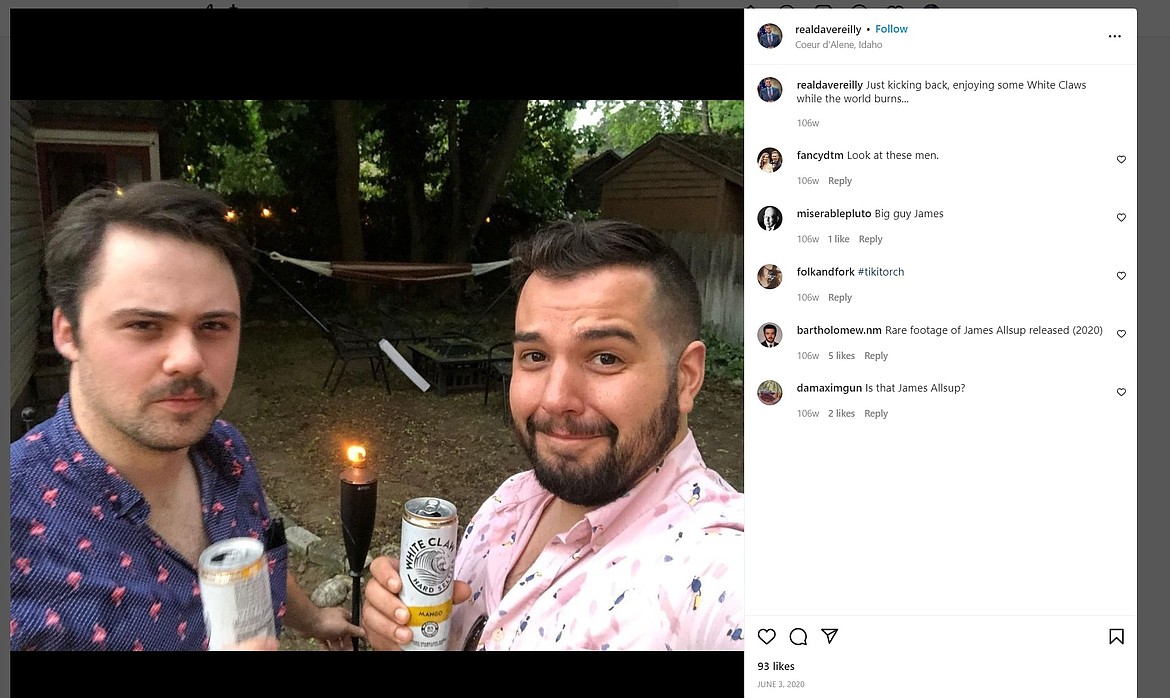Dave Reilly (right) poses for a Tiki-torch selfie with James Allsup, another alt-right media figure. Both were at the 2017 Unite the Right rally in Charlottesville. (Instagram screenshot)