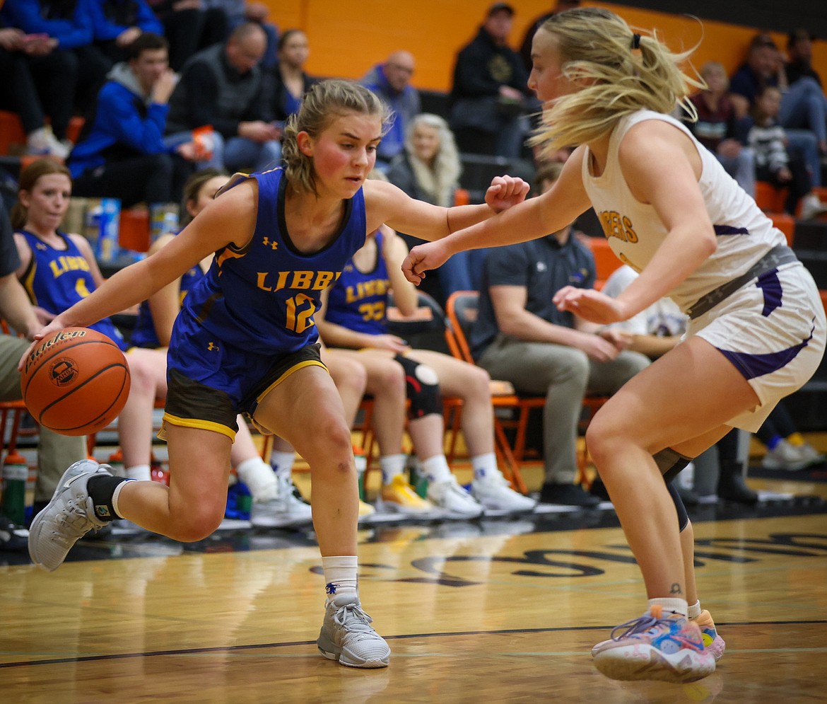 Libby's Kaydence Stanek tries to get to the basket against Park High in the Western A Tip-off in Frenchtown on Friday, Dec. 8, 2023. (Jeremy Weber/Bigfork Eagle)