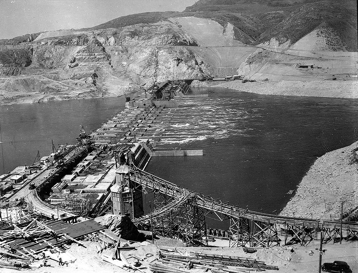Grand Coulee Dam starts to take shape in the late 1930s.