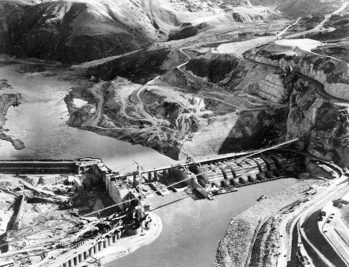 The foundation of Grand Coulee Dam is under construction in an aerial view from about 1936.