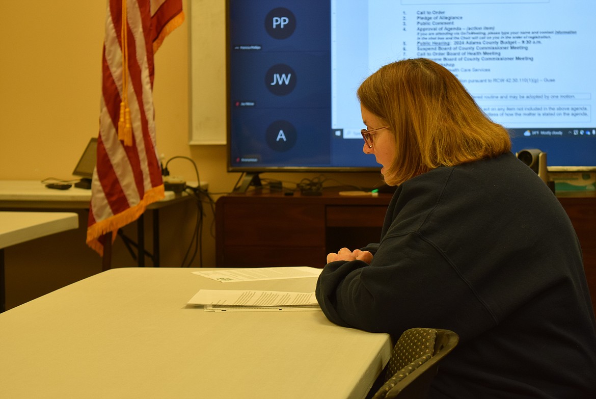 Adams County Pet Rescue board member Tammy Foley requests additional funding for ACPR during the public comment period of Wednesday’s Adams County Commissioners meeting in Othello.