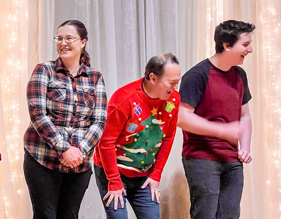 From left, Becky Hill, David Oshima and Sebastian Paine perform in the 2022 Comedy Clash Holiday Special at the Jacklin Arts and Cultural Center. This year's event will be at 7 p.m. Dec. 23 at the Harding Family Center in Coeur d'Alene.