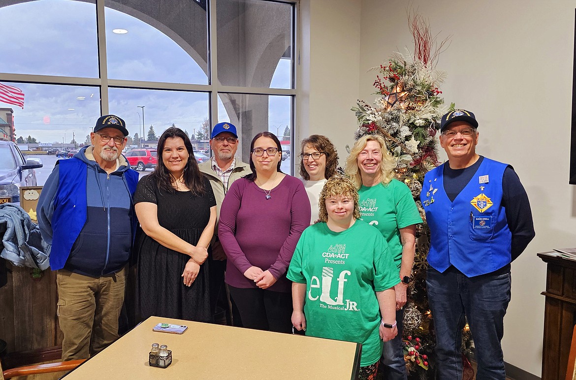 On Dec. 5, the St. George's Knights of Columbus from Post Falls presented CDA ACT with a check for $1,000. CDA ACT Inc. offers adults with physical and/or developmental disabilities the tools and support necessary to experience and excel in performing arts, via community theater, celebrating their abilities with the entire community. The production team consists of professionals from Hollywood, Spokane and Coeur d’Alene. Their expertise in costumes, sets and directing is what allows CDA ACT to produce truly professional productions. From left: Knight Tim Williams, Charmaine Brown, Knight Steve DeGon, Abbey Waterdown, CDA ACT V.P. Janet Waterdown, Crystal Teeters, Kriss Teeters and Knight David Krell.