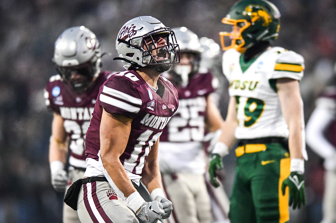 Grizzlies' TJ Rausch (10) celebrates after a stop on a kick return in the fourth quarter against North Dakota State in the FCS semifinals at Washington-Grizzly Stadium on Saturday, Dec. 16. (Casey Kreider/Daily Inter Lake)