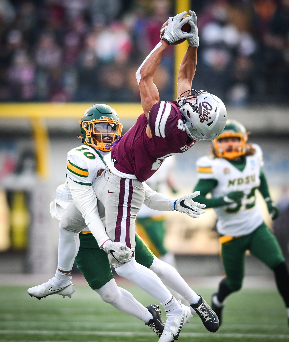 Grizzlies wide receiver Keelan White (6) catches a 31-yard reception in the second quarter against North Dakota State in the FCS semifinals at Washington-Grizzly Stadium on Saturday, Dec. 16. (Casey Kreider/Daily Inter Lake)