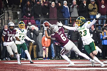 Grizzlies wide receiver Keelan White (6) catches a tipped pass in the end zone for a two-point conversion in overtime against North Dakota State in the FCS semifinals at Washington-Grizzly Stadium on Saturday, Dec. 16. (Casey Kreider/Daily Inter Lake)