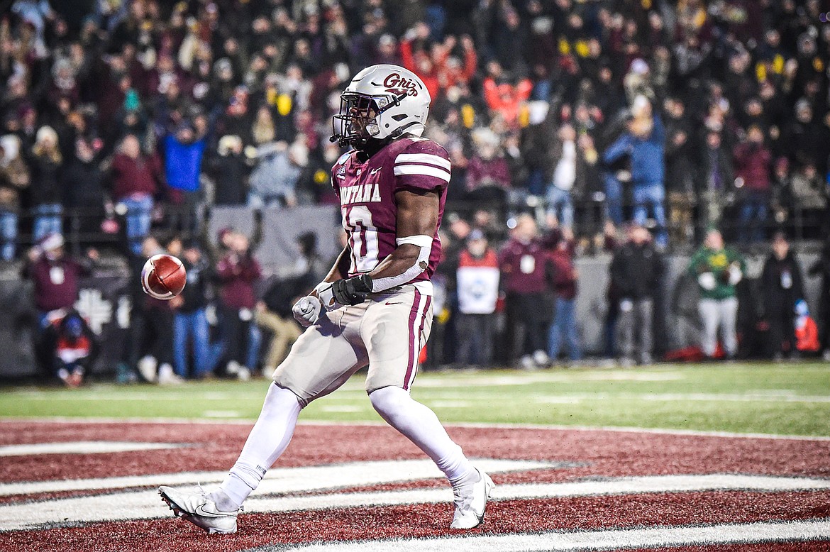 Grizzlies running back Eli Gillman (10) celebrates after a touchdown run in overtime against North Dakota State in the FCS semifinals at Washington-Grizzly Stadium on Saturday, Dec. 16. (Casey Kreider/Daily Inter Lake)