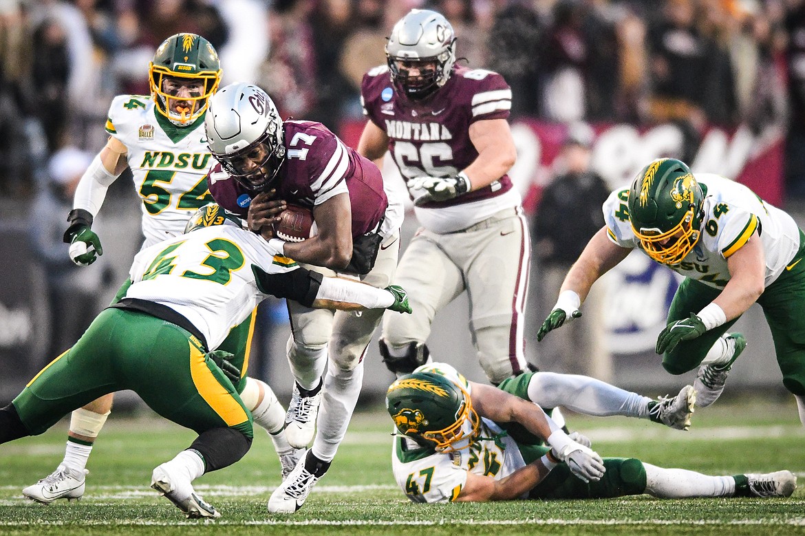 Grizzlies quarterback Clifton McDowell (17) picks up yardage on a run in the third quarter against North Dakota State in the FCS semifinals at Washington-Grizzly Stadium on Saturday, Dec. 16. (Casey Kreider/Daily Inter Lake)