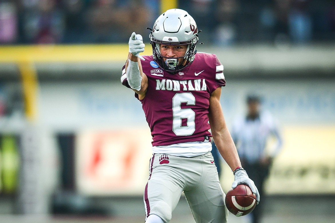 Grizzlies wide receiver Keelan White (6) celebrates after a 31-yard reception in the second quarter against North Dakota State in the FCS semifinals at Washington-Grizzly Stadium on Saturday, Dec. 16. (Casey Kreider/Daily Inter Lake)