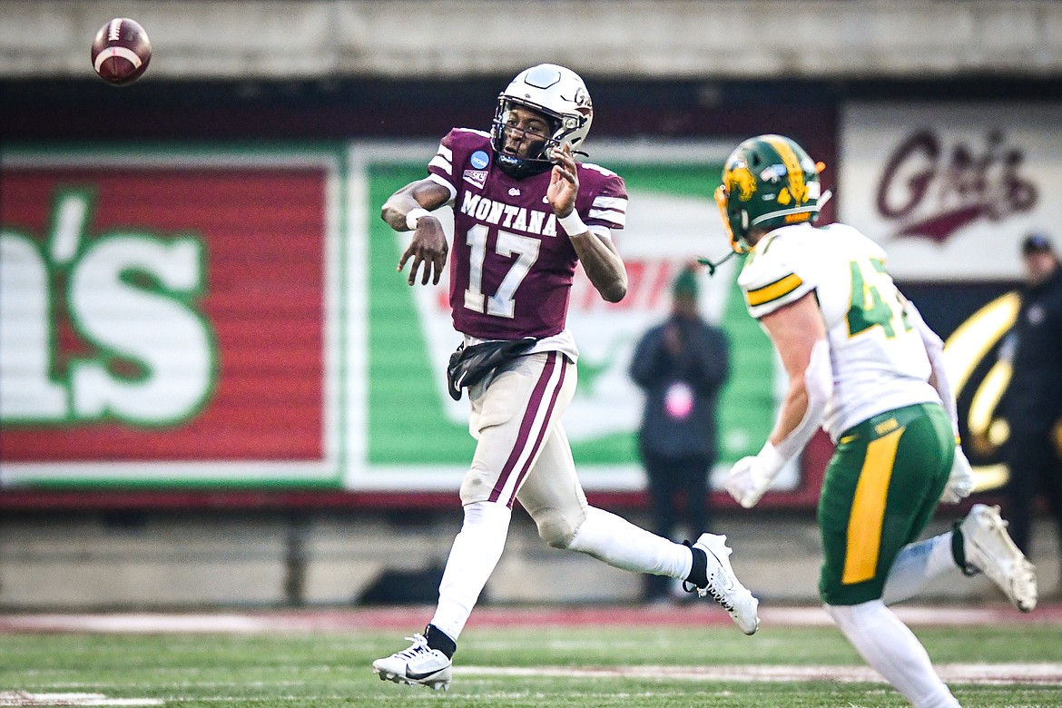 Grizzlies quarterback Clifton McDowell (17) rolls out to pass in the third quarter against North Dakota State in the FCS semifinals at Washington-Grizzly Stadium on Saturday, Dec. 16. (Casey Kreider/Daily Inter Lake)