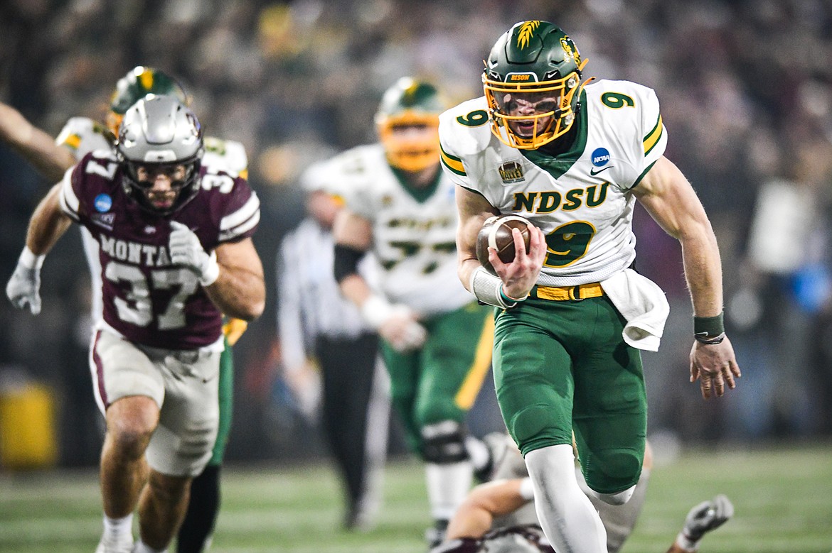 North Dakota State quarterback Cole Payton (9) scores a touchdown on 25-yard run in overtime against Montana in the FCS semifinals at Washington-Grizzly Stadium on Saturday, Dec. 16. (Casey Kreider/Daily Inter Lake)