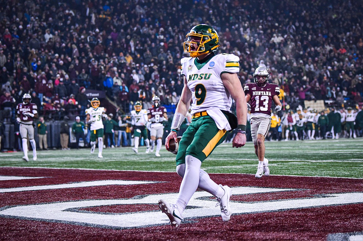 North Dakota State quarterback Cole Payton (9) scores a touchdown on 25-yard run in overtime against Montana in the FCS semifinals at Washington-Grizzly Stadium on Saturday, Dec. 16. (Casey Kreider/Daily Inter Lake)