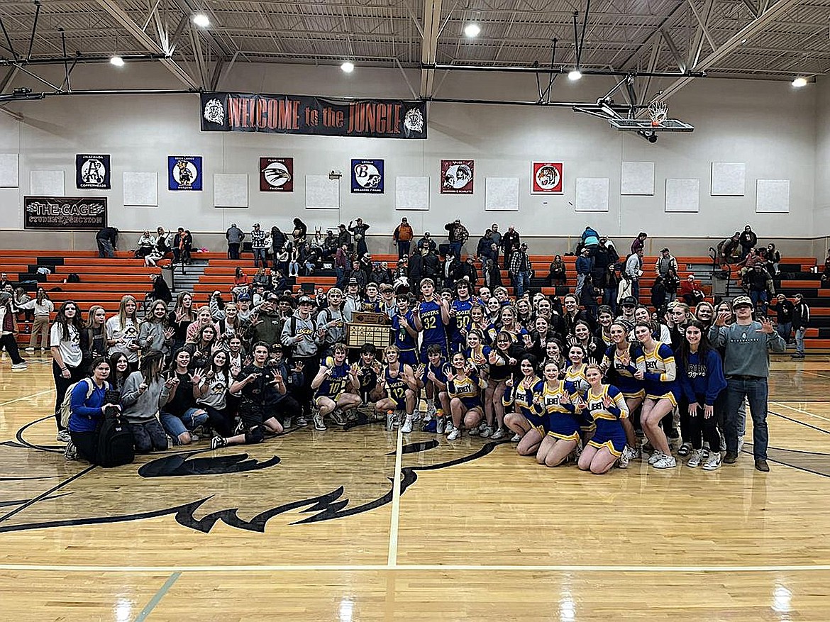 The Libby Loggers sports teams celebrated Thursday, Dec. 14, 2023, in Eureka after winning the Battle of the Kootenai. Libby's wins in softball, boys track, boy cross country, girls cross country and wrestling meant they retained the trophy they brought home in 2022. (Photo courtesy Libby High School)