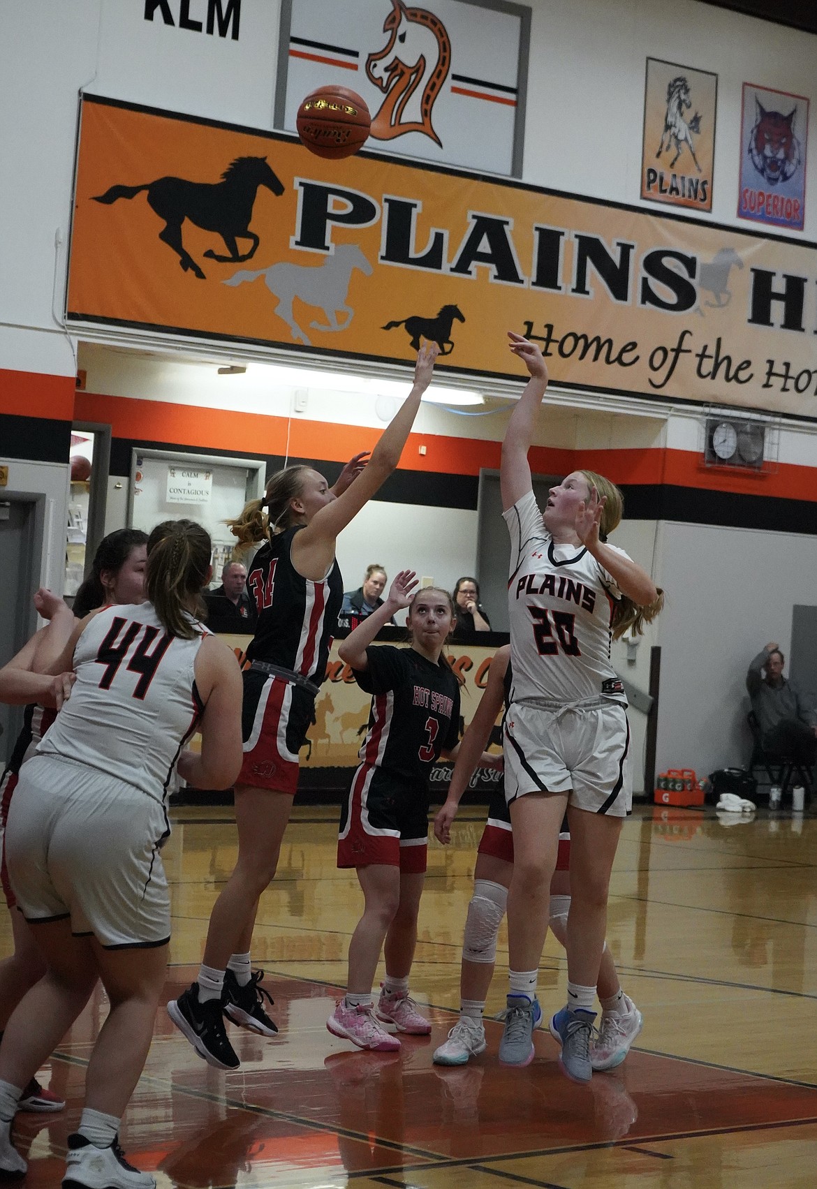 Plains forward Ava Lawyer (20) shoots over the outstretched arm of Hot Springs post Lauryn Aldridge for two of her team high 13 points during the Trotters overtime win over the Lady Heat last Tuesday evening in Plains.  (Courtesy photo)