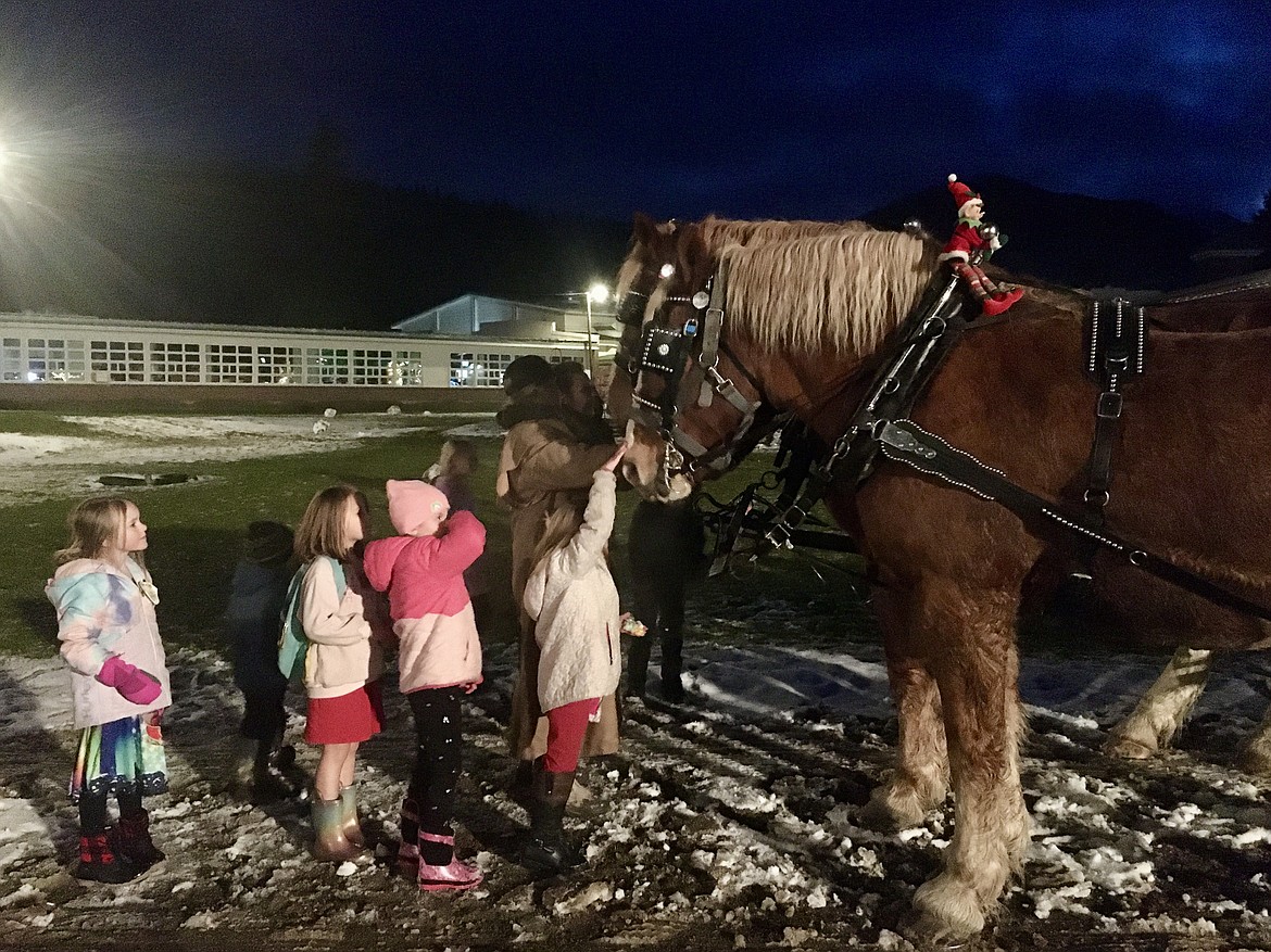 The Live Oak Belgians came out from St. Ignatius to offer horse-drawn wagon rides around the track on the St. Regis School grounds during the Winter Festival. (Mineral Independent/Amy Quinlivan)