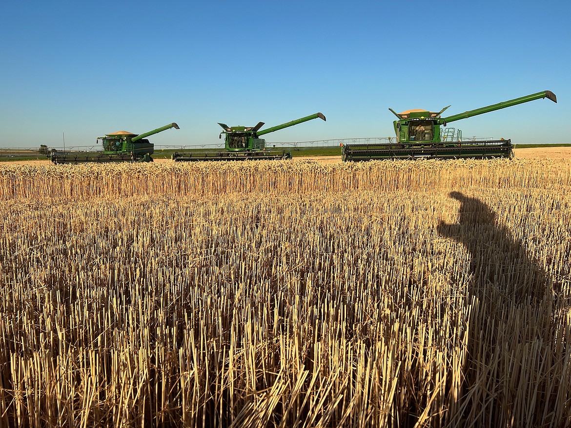 Titus Bowser said one of his favorite things about being headquartered in Adams County is the pleasant weather that leans toward sunny days and less wind than other places in Washington he’s lived. Above, TR Reapers combines harvest a field in the area. The company also offers tillage services.