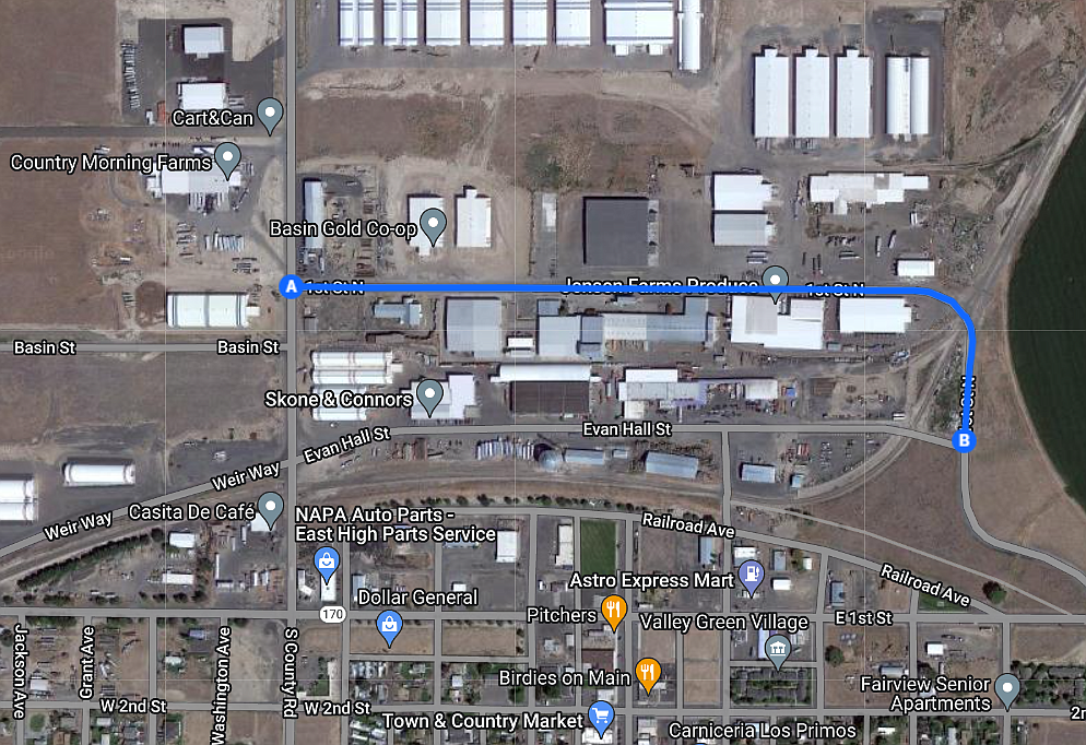 According to Warden City Administrator Kriss Shuler, the city received a $1.77 million grant from the Washington State Transportation Improvement Board for reconstructing First Street North, highlighted in blue.