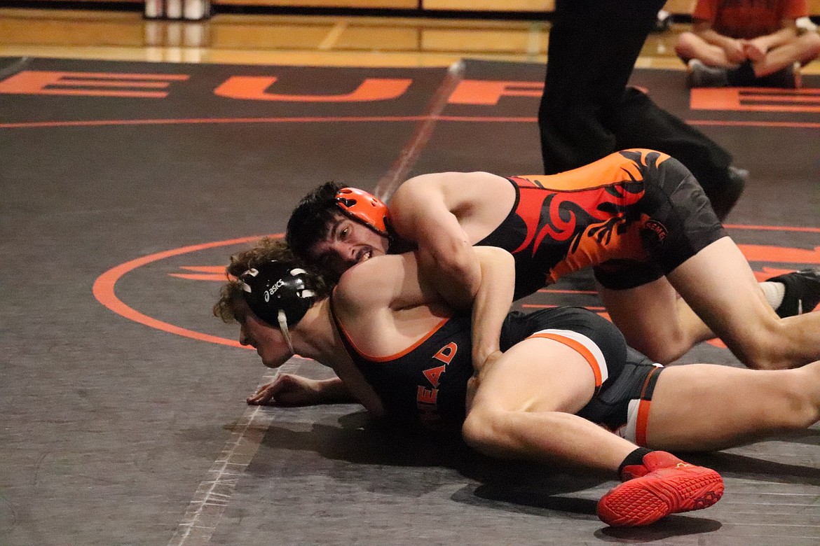 Plains senior Drew Carey is in control of his opponent from Flathead during action this weekend at the Buzz Lucy Invite in Eureka.   (Photo by Kami Milender)