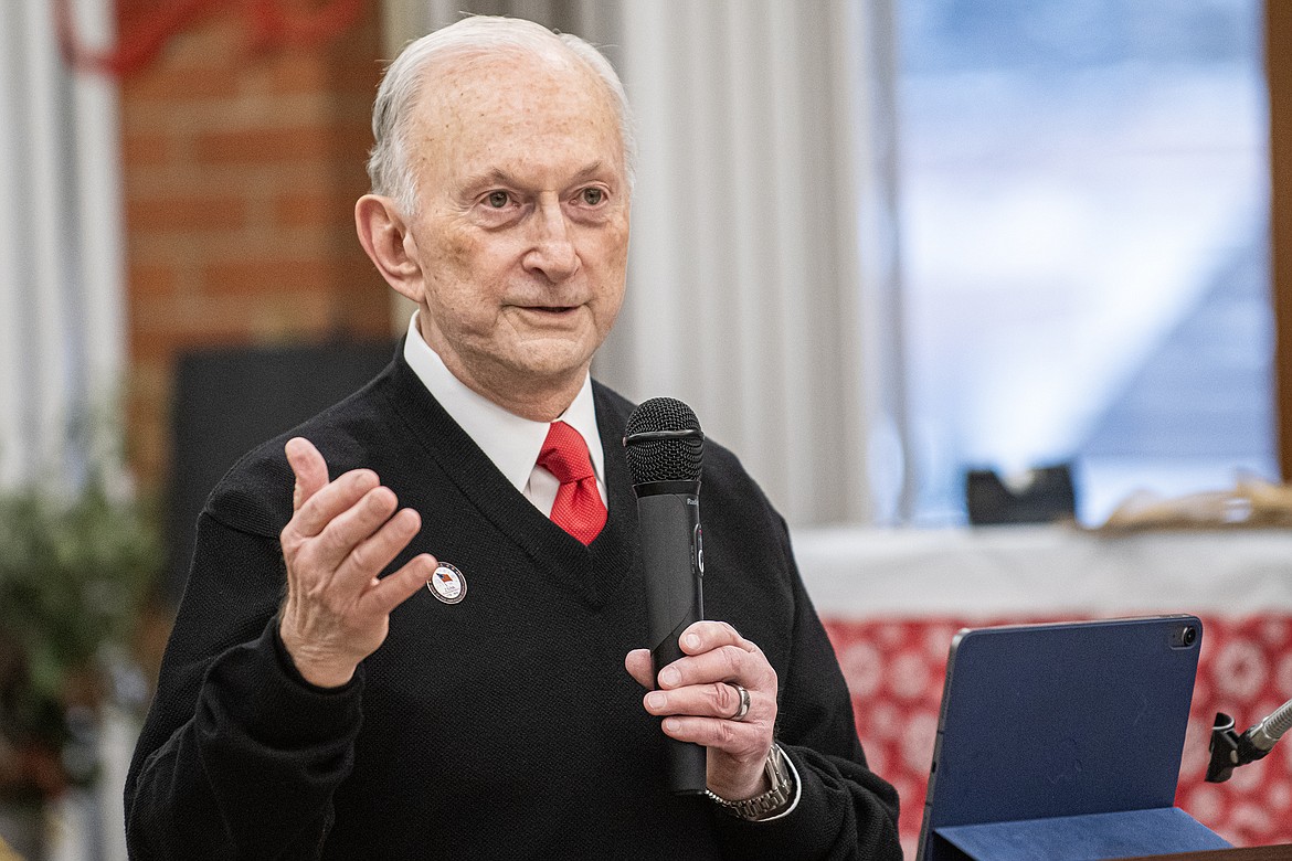 Bill Whitsitt gives a speech on veteran service, including his own family’s history, as part of the Wreaths Across America celebration at Montana Veterans Home on Saturday, Dec. 16. (Avery Howe photo)