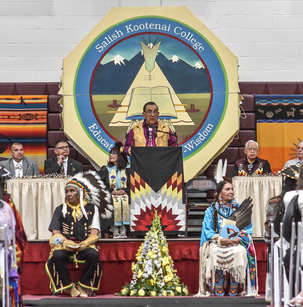 Salish Kootenai College President Emeritus Joe McDonald gives the commencement address in 2019. The beloved educator and tribal leader died Dec. 14. (Christa Umphrey photo)