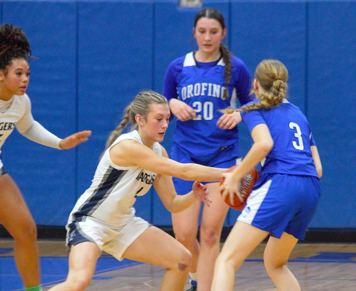 Rylie Kimball plays tough defense against Orofino on Dec. 16. Kimball scored seven points against the Maniacs.