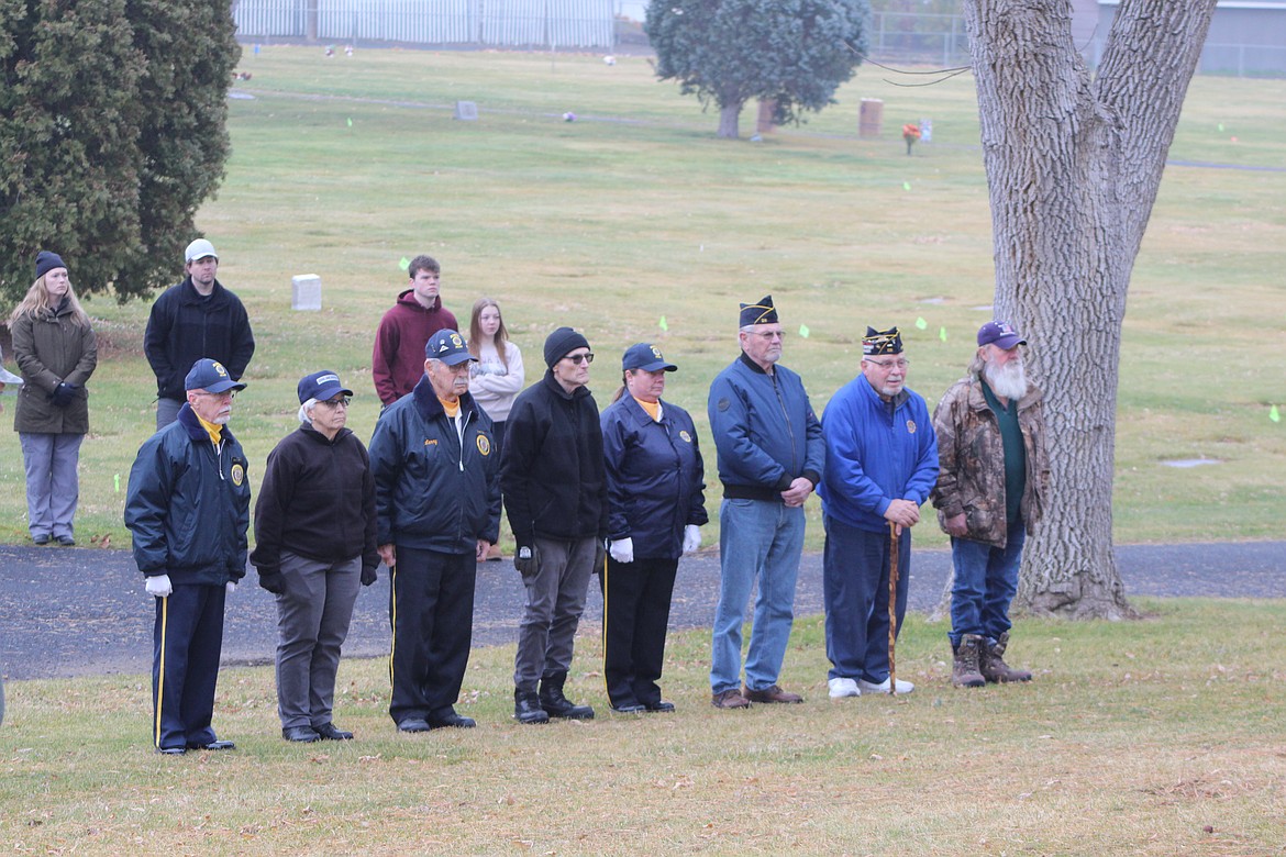 Veterans line up with civilian observers behind them during Saturday’s Wreaths Across America ceremony in Ephrata. The ceremony not only pays respects to deceased veterans in appreciation of their service – it also allows veterans to pay homage to friends lost during or after their time together in the military.