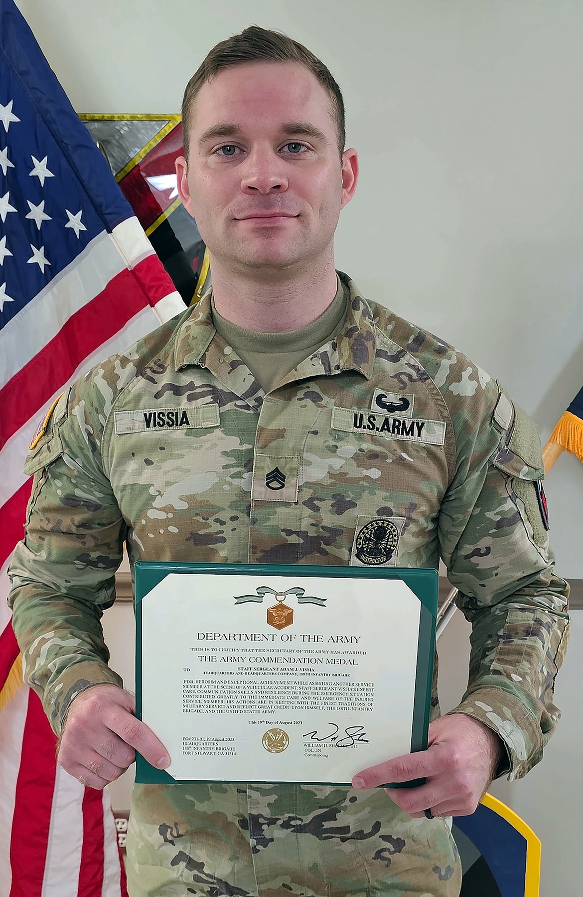 Staff Sgt. Adam Vissia poses for a photo after being presented the Army Commendation Medal at Fort Stewart on Dec. 15. Vissia earned the award after taking heroic action during a vehicle accident in August, resulting in saving a soldier's life.