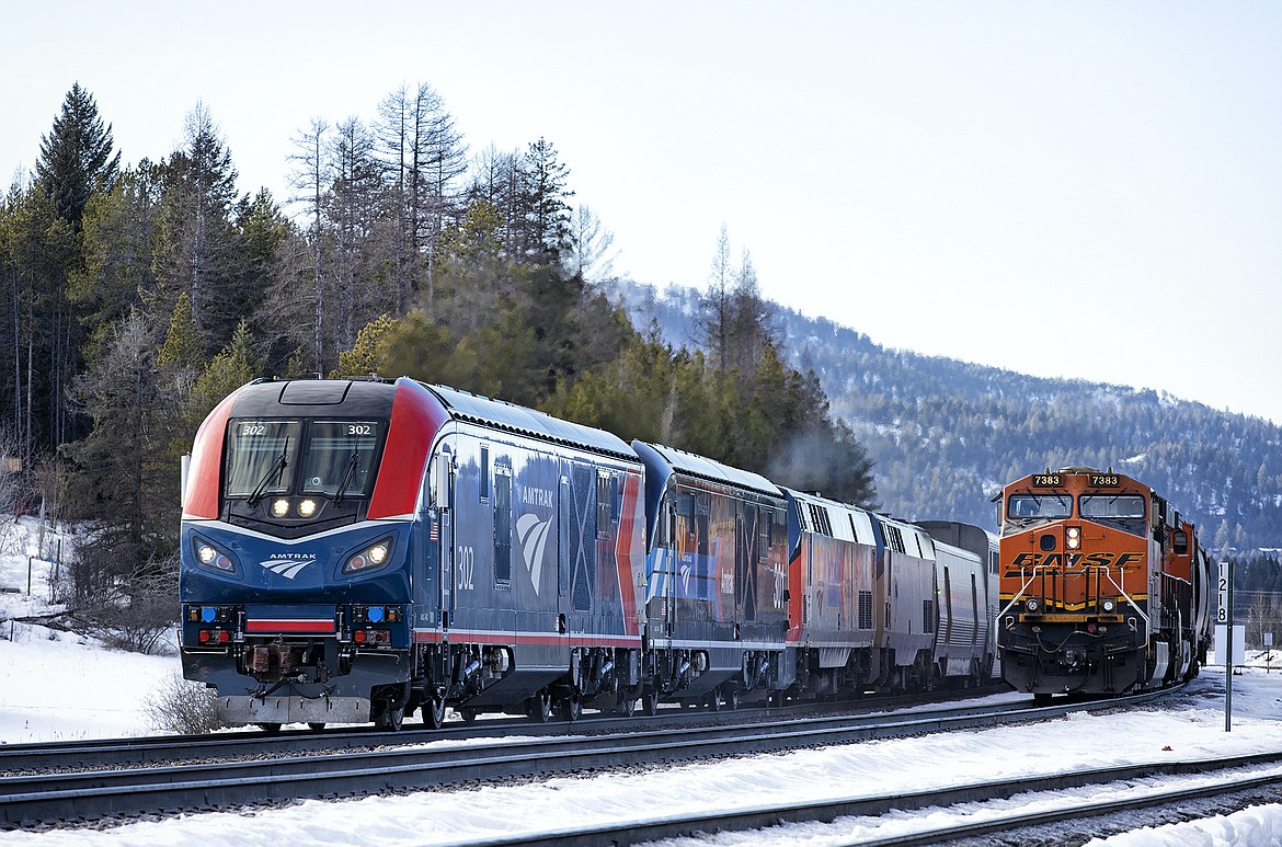 Two of Amtrak's new ALC-42 locomotives lead the Empire Builder near Whitefish on Feb. 13, 2022. (Justin Franz/MTFP)