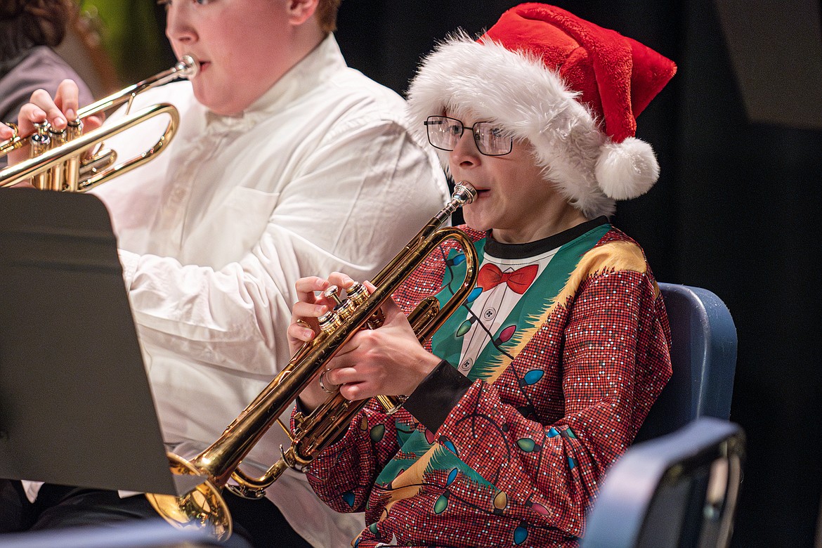 Sixth grader Henry Blado plays trumpet in Columbia Falls Junior High’s holiday concert on Tuesday, Dec. 12. (Avery Howe photo)