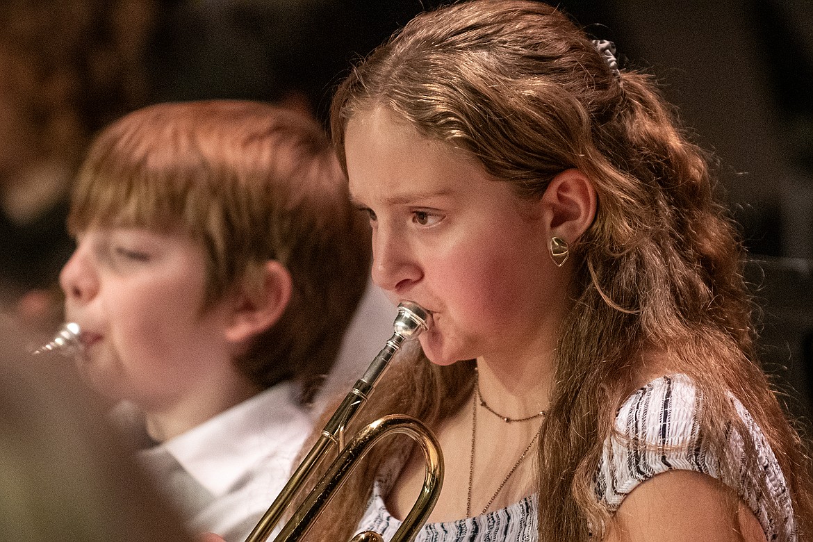 Seventh grader Isabella Toavs plays trumpet in Columbia Falls Junior High’s holiday concert on Tuesday, Dec. 12. (Avery Howe photo)