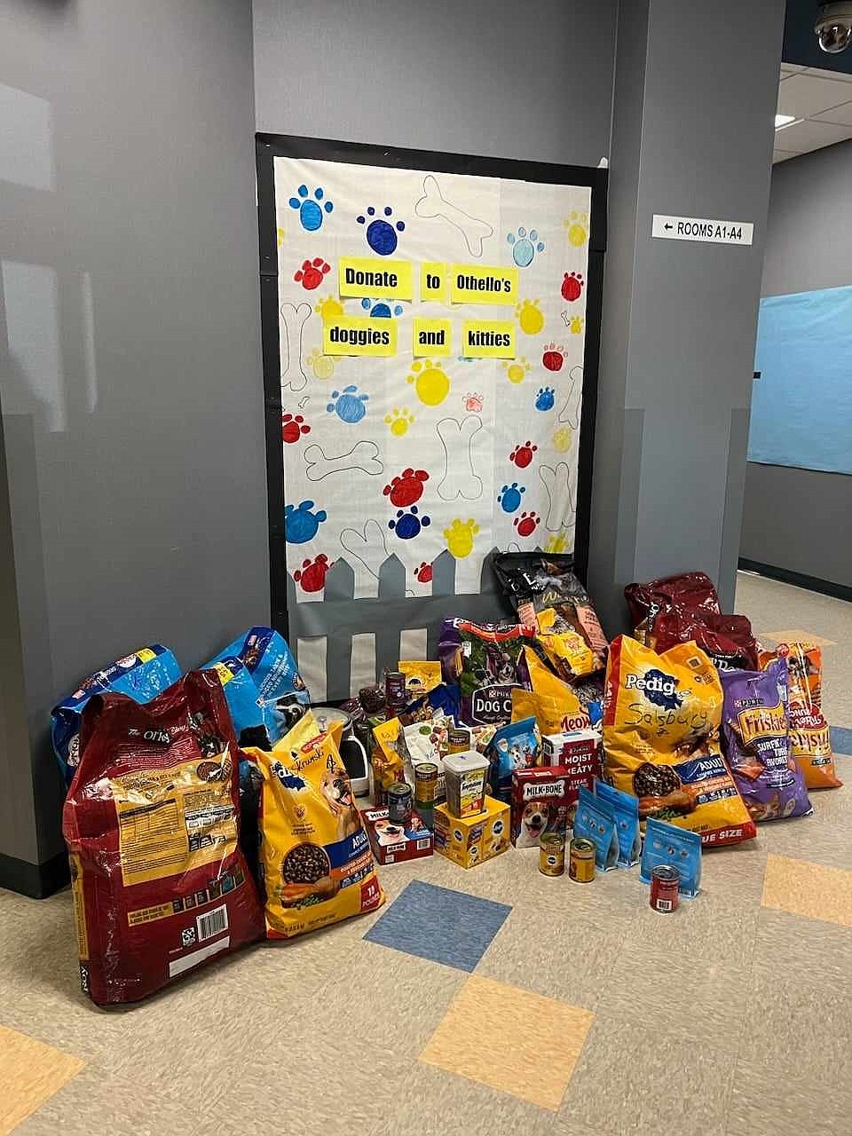 A photo of the dog and cat food collected for Adams County Pet Rescue during Scootney Springs Elementary’s October food drive during the school’s Kindness Week.