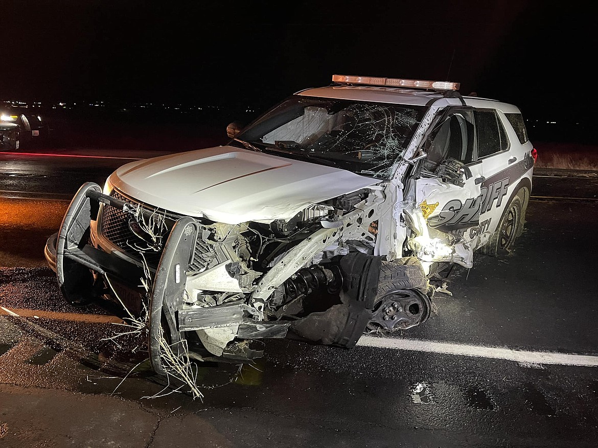 Grant County Sheriff’s Office Corp. Jason McDonnell’s patrol SUV, above, is likely totaled after the vehicle struck another patrol car, went off-road for about 300 feet, then came to a stop back on State Route 17 at Northlake.