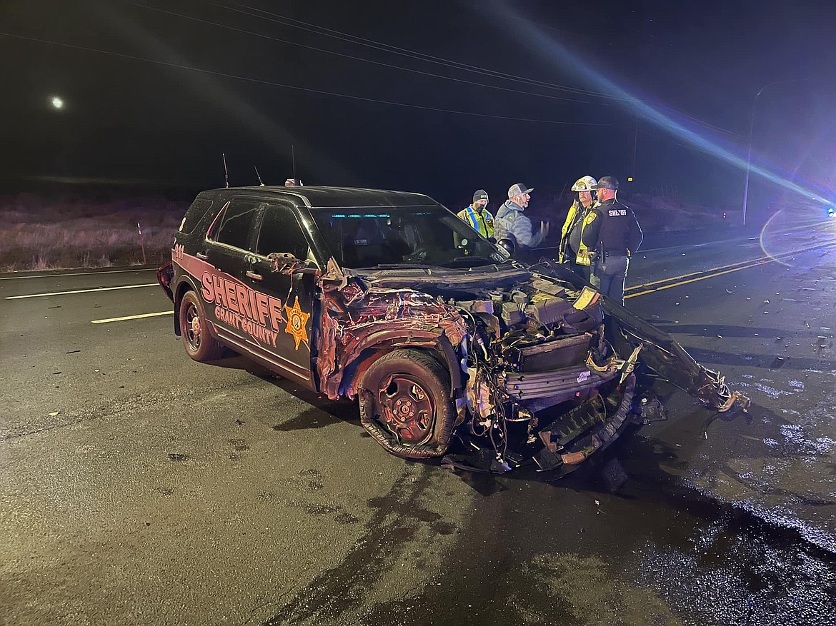 Grant County Sheriff’s Office Reserve Deputy Rob Harris’s patrol vehicle, shown here, was seriously damaged when he moved to block the roadway in response to a pedestrian fatality collision Thursday night. Harris was in the lead when Corp. Jason McDonnell’s vehicle hit Harris’s vehicle.