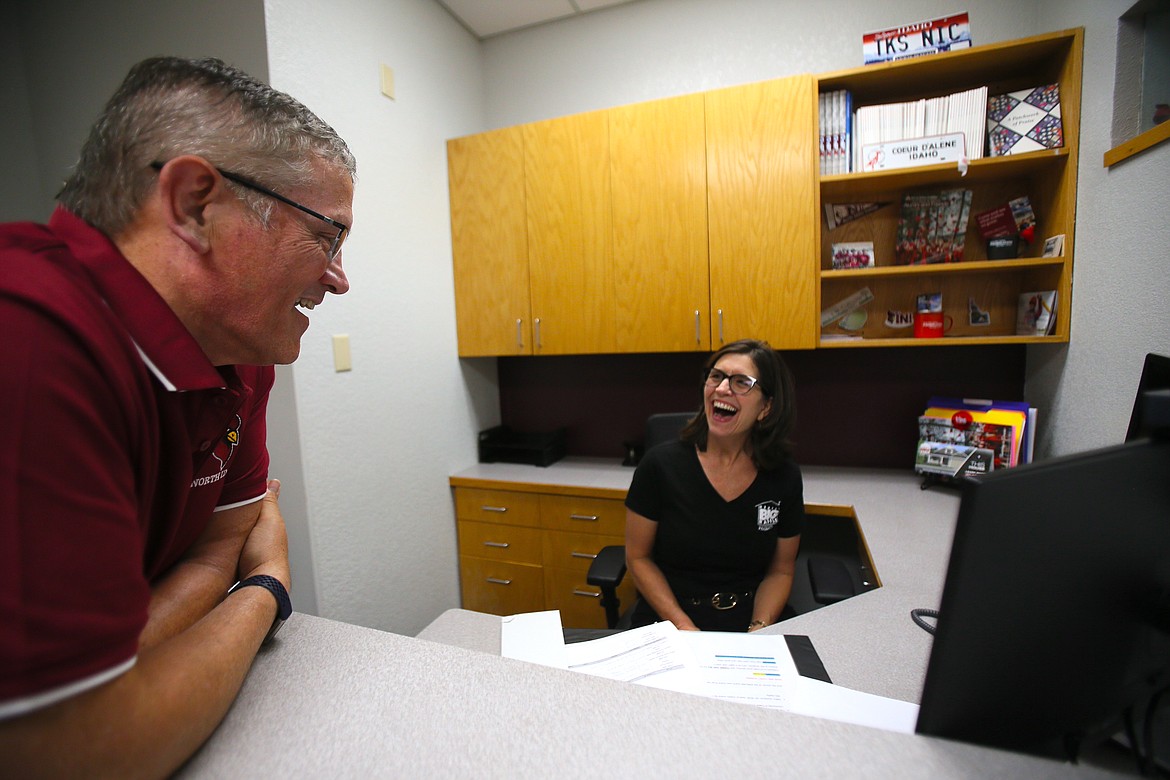 North Idaho College President Nick Swayne and North Idaho College Foundation Executive Director Rayelle Anderson exchange big smiles July 12 as they congratulate Really BIG Raffle grand prize house winner Jamie Morgan during a phone call after the virtual drawing.